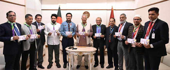 Chief Adviser Professor Muhammad Yunus today released a commemorative postage stamp on the occasion of the 7th National Comdeca 2025. Photo: PID