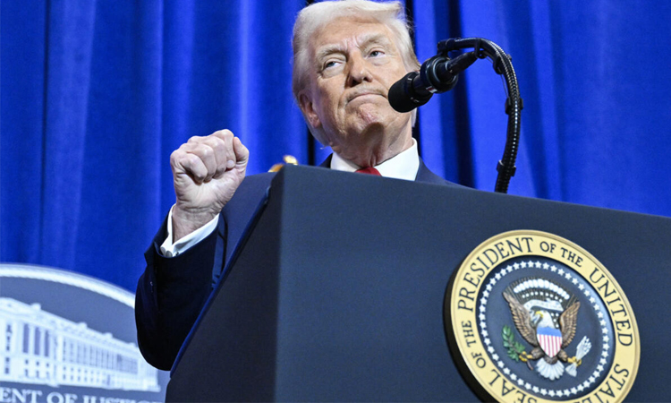 Trump blasts foes and media in speech at 'Department of Injustice'