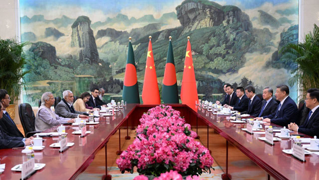 Chief Adviser Professor Muhammad Yunus joined the meeting with Xi Jinping, President of the People’s Republic of China in People's Great Hall, Beijing on Friday. Photo: Chief Adviser GOB