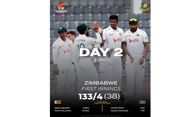 Nahid takes three as Zimbabwe reach 133-4 at lunch