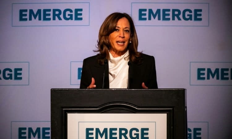 Ex-VP Harris says Trump's America is 'self-serving'