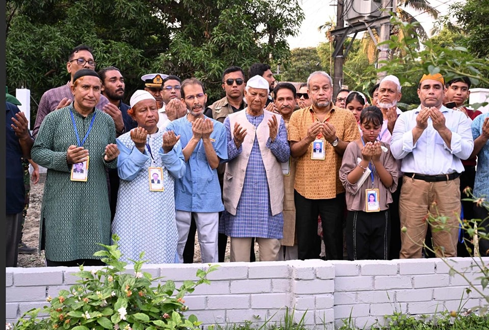 Chief Adviser Professor Muhammad Yunus offers prayers at the graveside of his ancestors at Bathua village in Hathazari on Wednesday. Photo: CA GOB Facebook