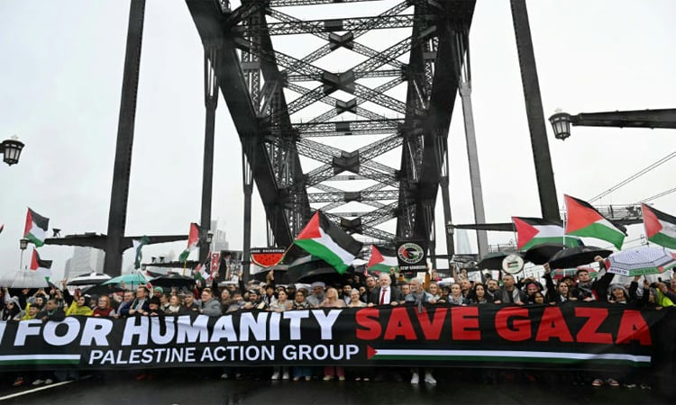 Assange joins pro-Palestinian protest on Sydney Harbour Bridge