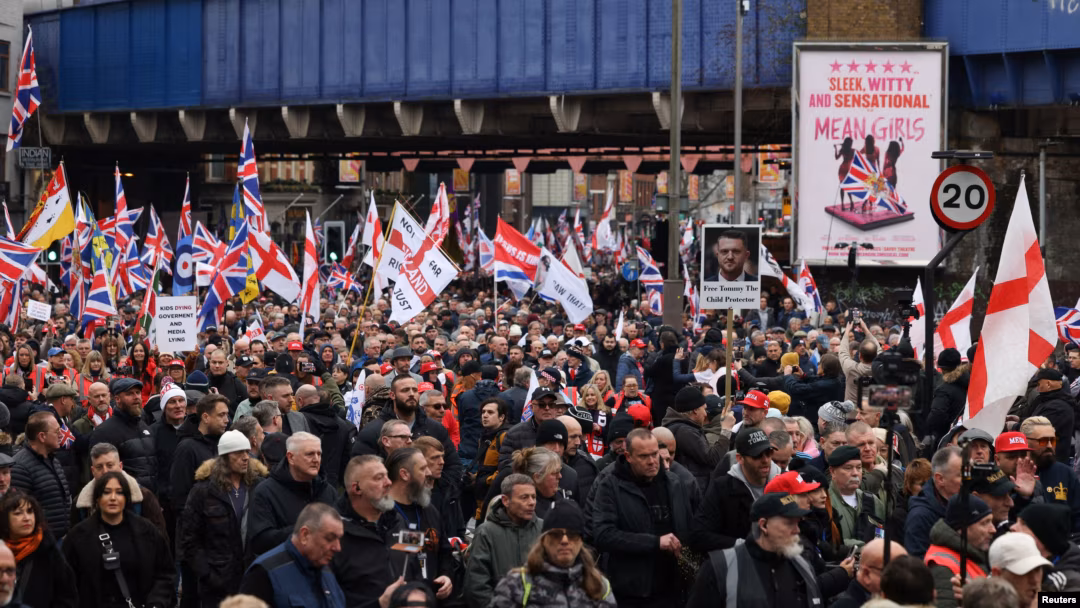 UK far-right figurehead Tommy Robinson holds London rally