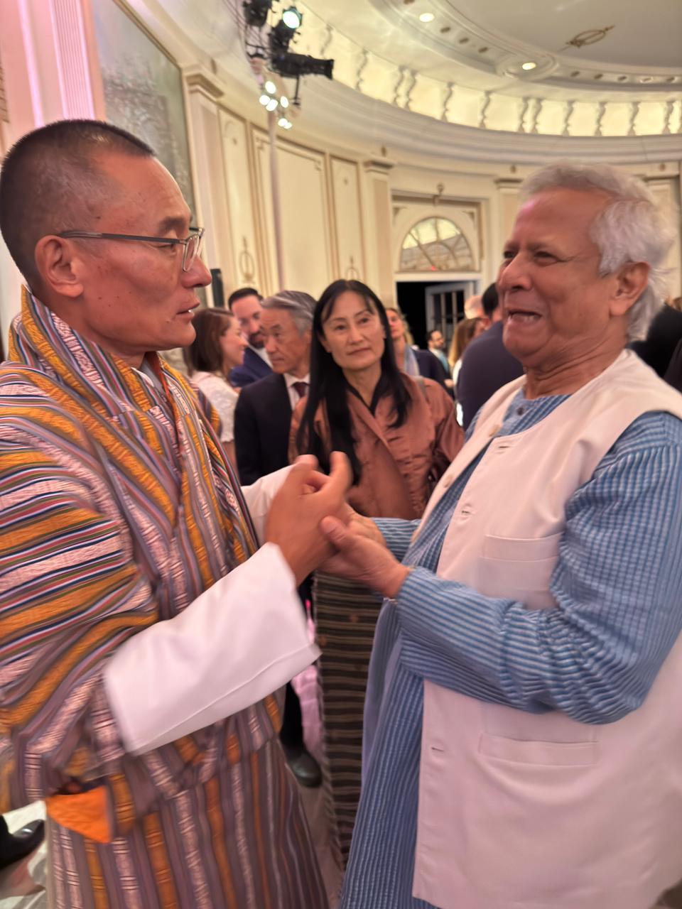 Chief Adviser Professor Muhammad Yunus met with Bhutanese Prime Minister Tshering Tobgay at a reception hosted by US president Donald Trump. Photo: CA Press Wing