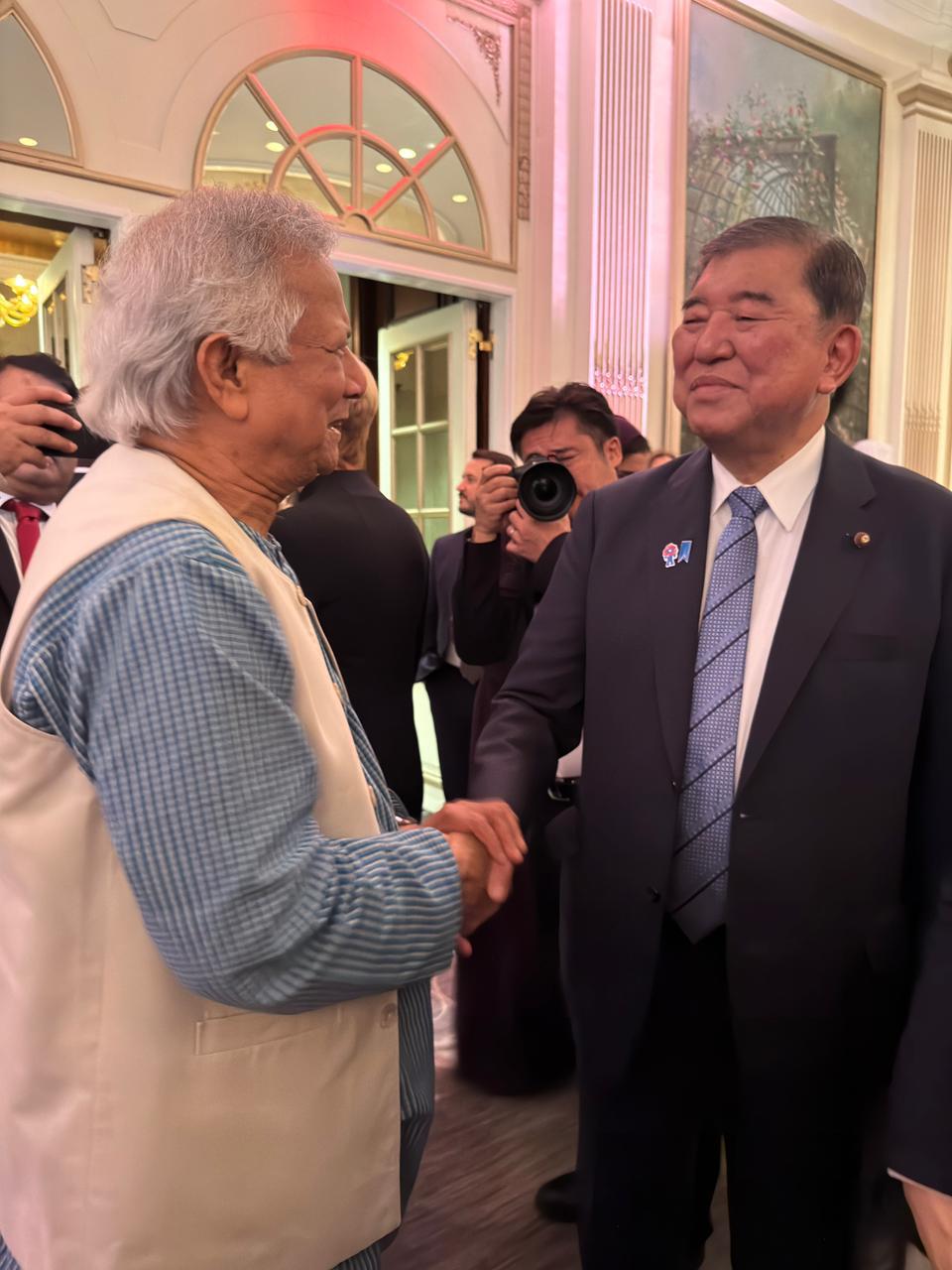 Chief Adviser Professor Muhammad Yunus met with Japanese Prime Minister Shigeru Ishiba at a reception hosted by US president Donald Trump. Photo: CA Press Wing