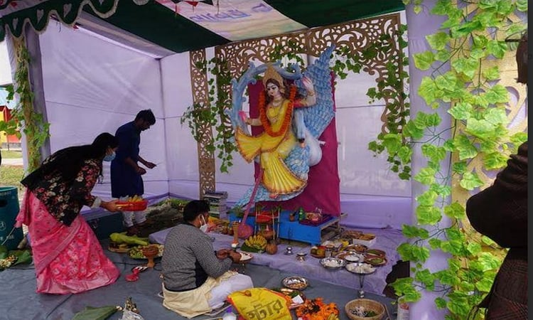 Saraswati Puja celebrated with festive atmosphere in Rajshahi