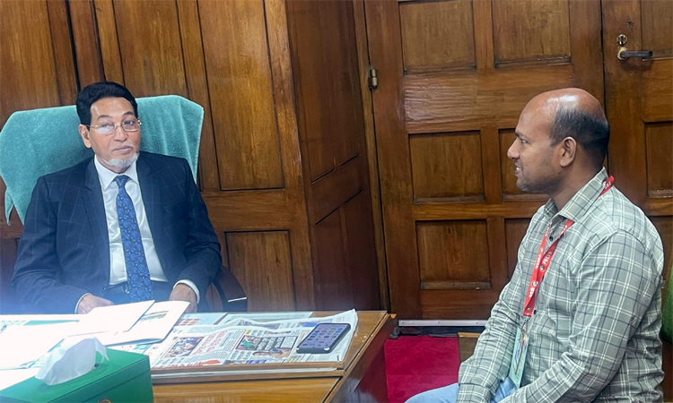Chief Whip of the Jatiya Sangsad (JS), Nurul Islam Moni, gave an exclusive interview with Bangladesh Sangbad Sangstha (BSS) at his JS office. Photo: BSS