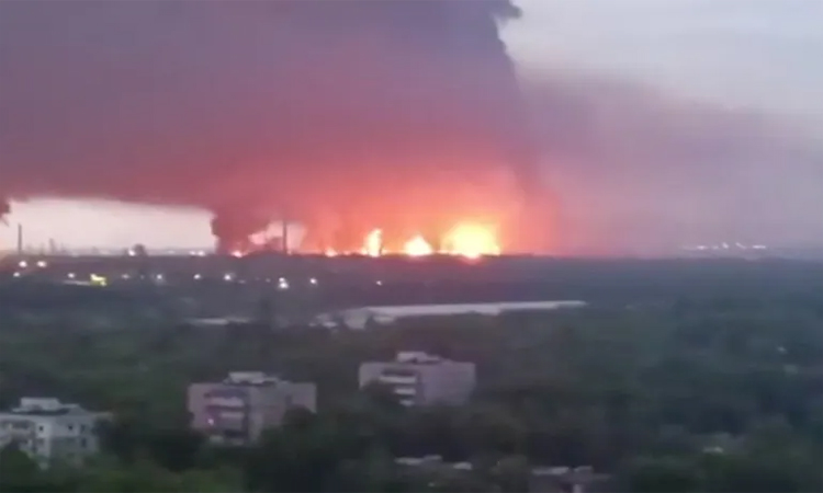 Drone debris sparks fire at Russian oil depot