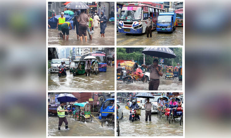 Traffic police struggle to regulate traffic movement in deluged Dhaka