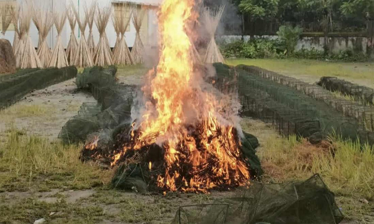 গোপালগঞ্জে নিষিদ্ধ চায়না দুয়ারী জাল ধ্বংস