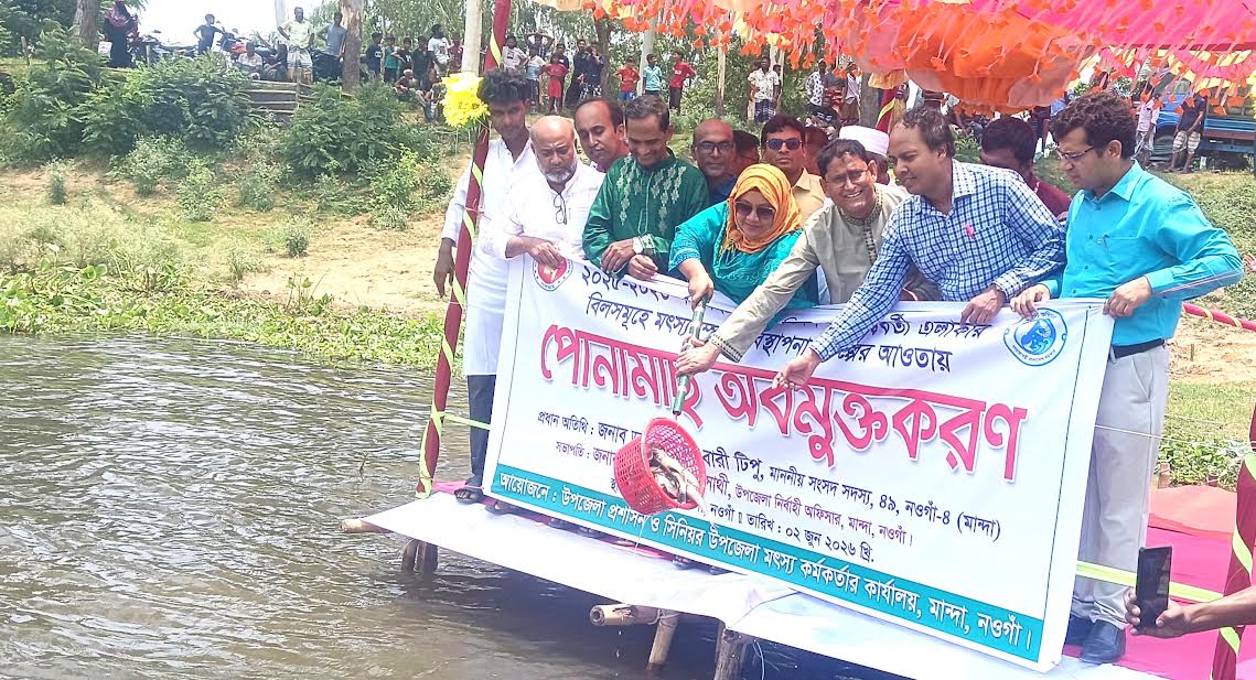নওগাঁয় মাছের পোনা অবমুক্ত
