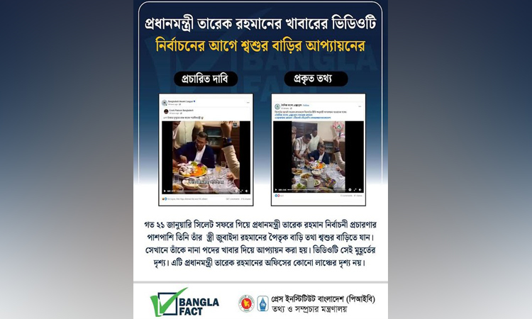প্রধানমন্ত্রীর দুপুরের খাবারের দৃশ্য দাবি করে ছড়ানো মিথ্যা দাবি শনাক্ত: বাংলাফ্যাক্ট